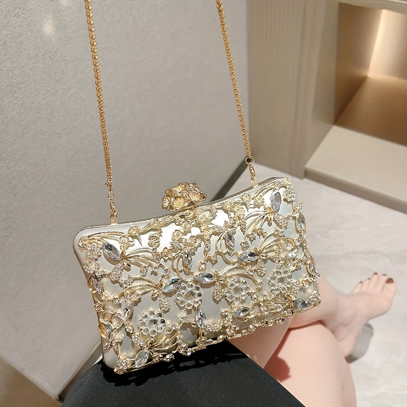 Elegant Hollow Rhinestone Women's Evening Bag, Box Clutch Purse for Party Prom Wedding
