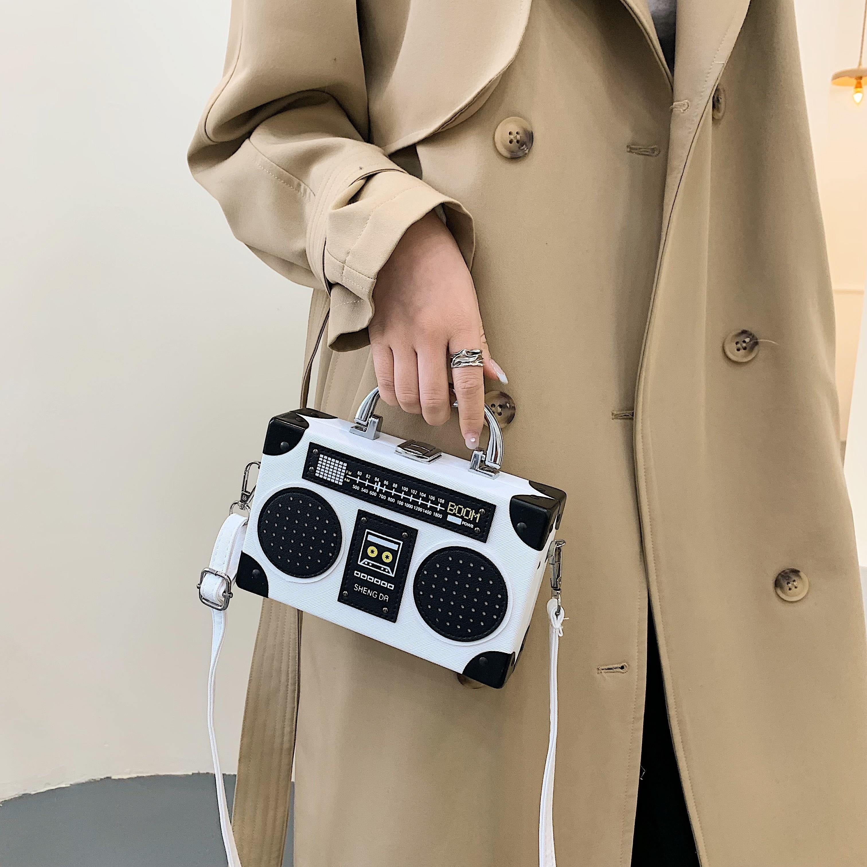 Mini Radio Box Crossbody Bag, PU Leather Textured Novelty Bag, Versatile Fashion Shoulder Bag