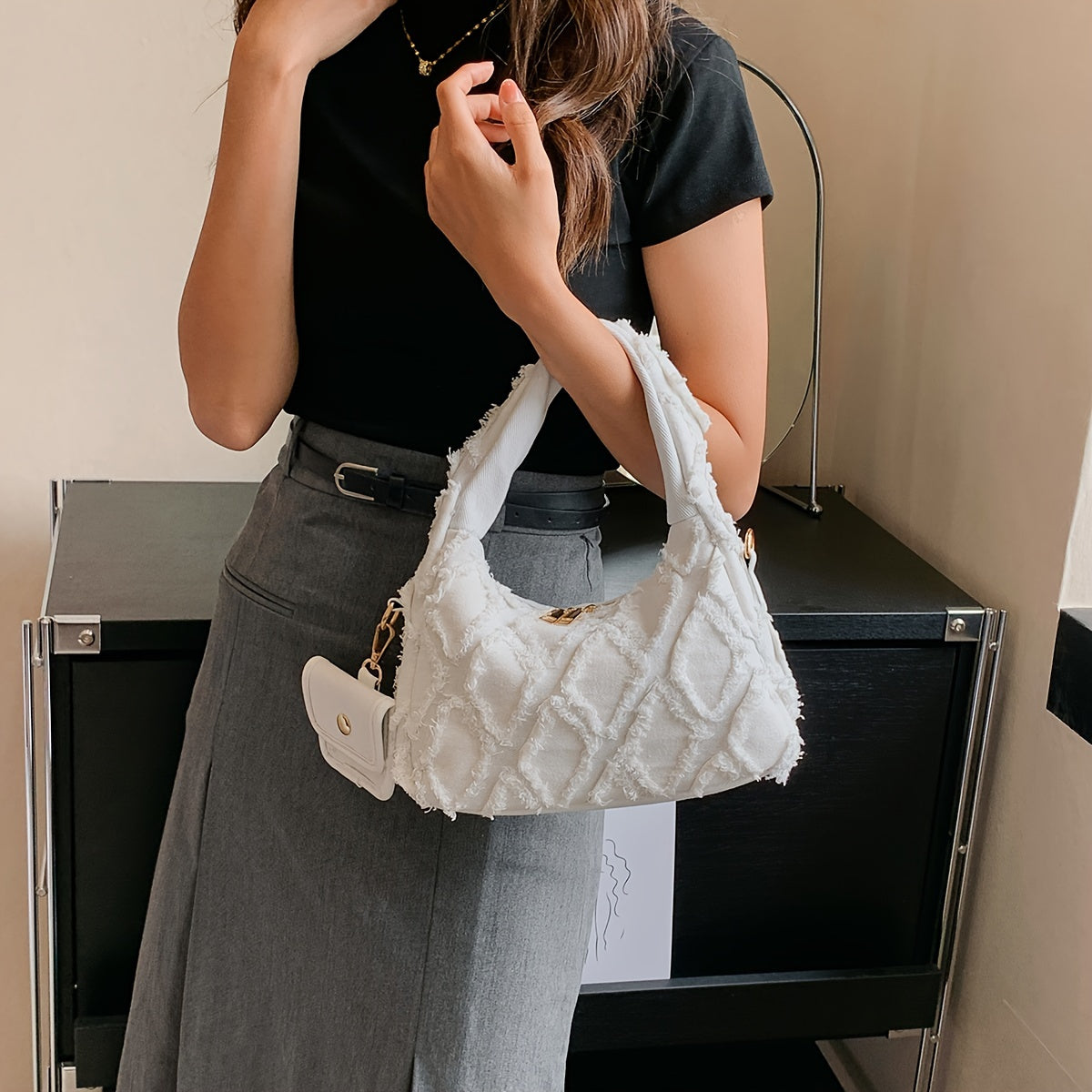 Bag - Fashion Forward Shoulder Tote with Quilted Argyle Pattern & Detachable Coin Purse - Perfect Underarm Stylish Accessory