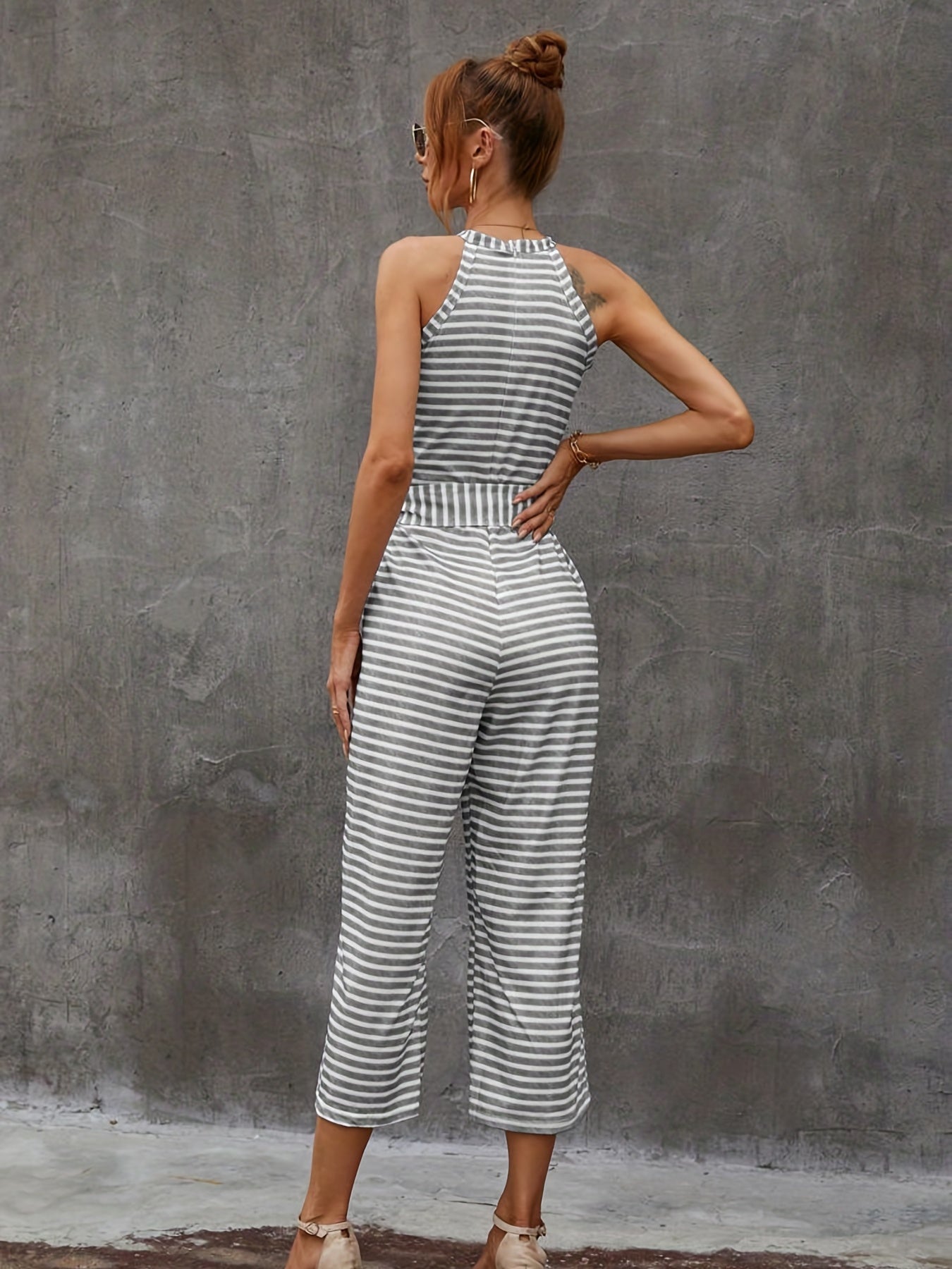 Elegant Striped Midi Jumpsuit with Tie Belt | Sleeveless Wide-Leg Design for Summer Chic | Durable & Easy-Care Knit