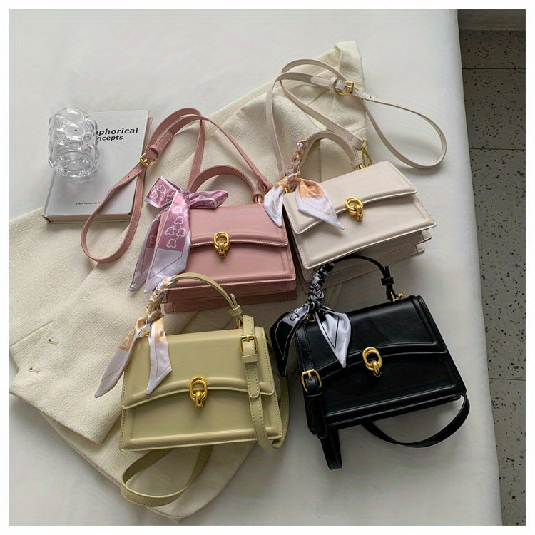 Handbag, Trendy Scarf Decor Crossbody Bag, Women's Small PU Leather Flap Purse