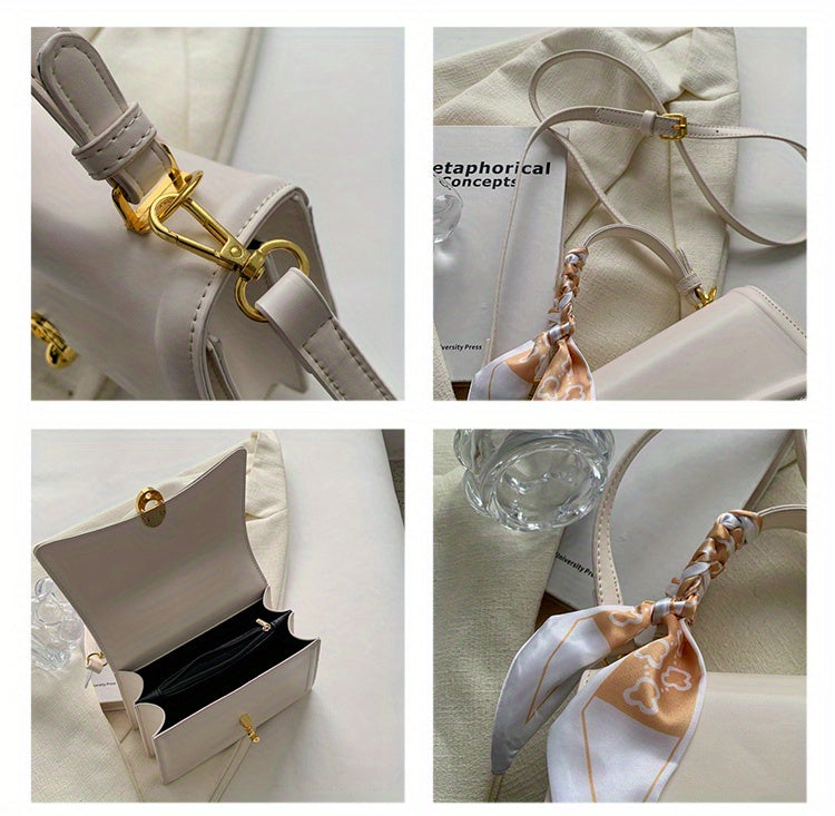 Handbag, Trendy Scarf Decor Crossbody Bag, Women's Small PU Leather Flap Purse