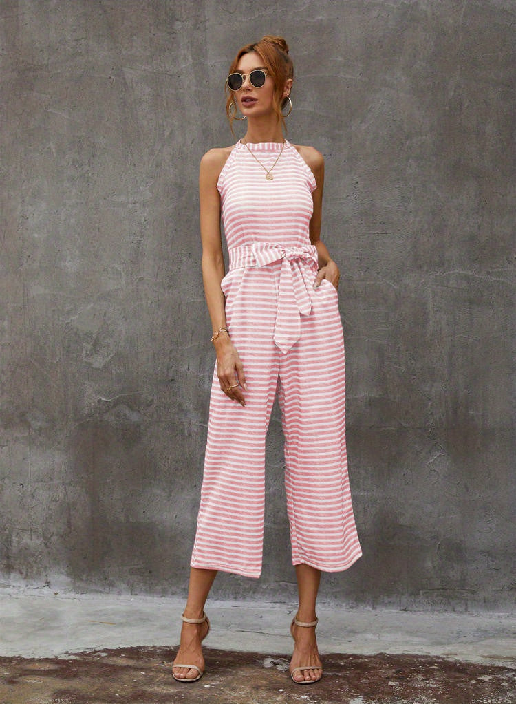 Elegant Striped Midi Jumpsuit with Tie Belt | Sleeveless Wide-Leg Design for Summer Chic | Durable & Easy-Care Knit