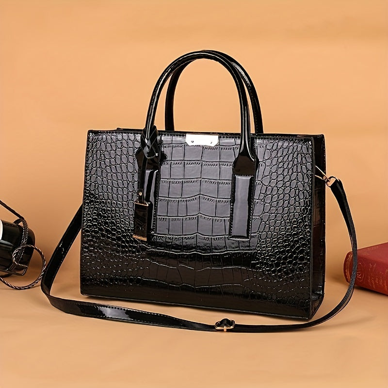 Crocodile Embossed Handbag - Women's Solid Color Shoulder Bag