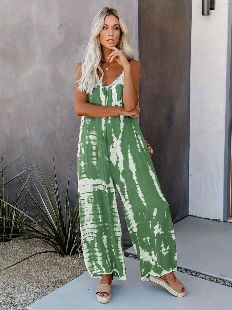 Women's Casual Tie-Dye Cami Jumpsuit - Sexy Wide Leg, Sleeveless, Vibrant Orange and Brown Print, Perfect for Spring/Summer/Fall