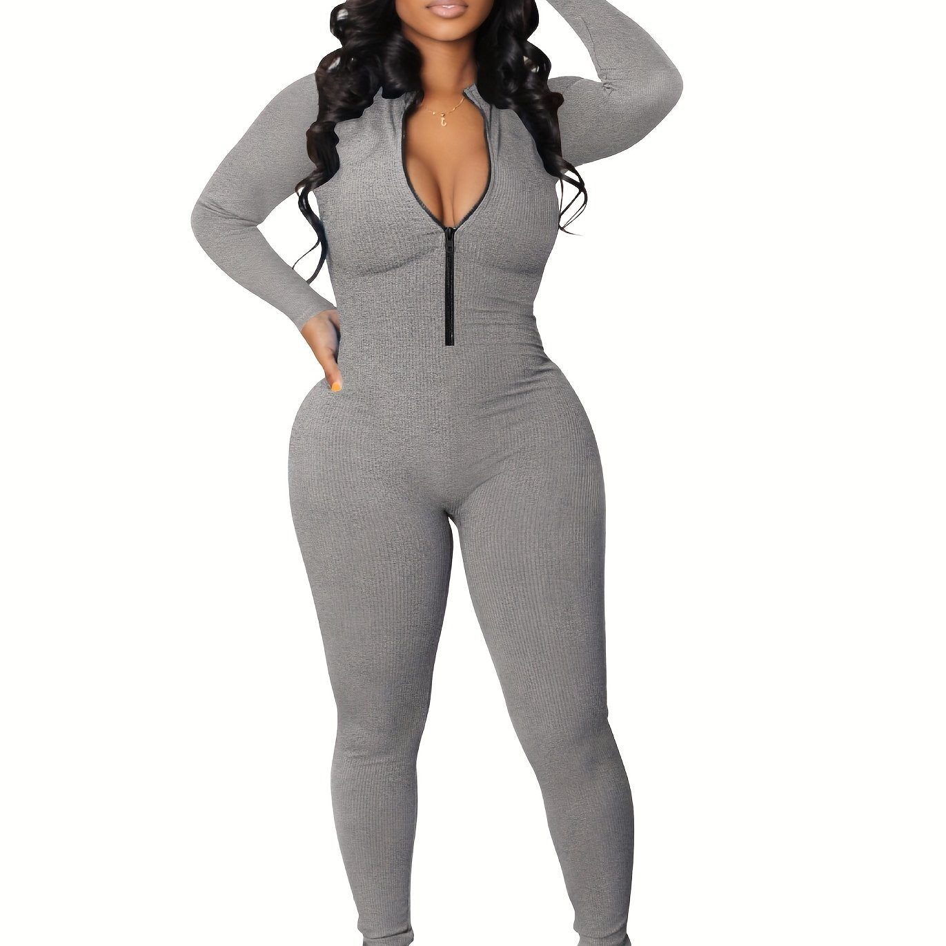 Women's Zip-Front Slim Jumpsuit - Cozy, Stretchy & Chic - Perfect for Spring/Fall