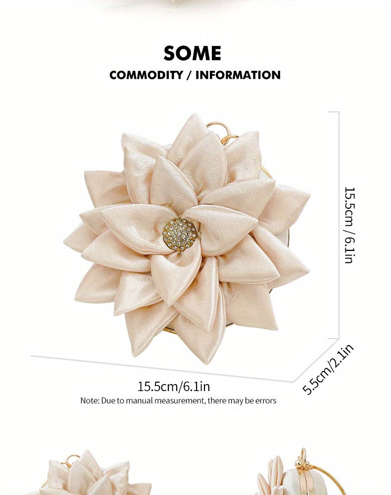 3D Flower Round Evening Bag, Satin Clutch Wedding Purse, Glitter Top Ring Handbag For Party Banquet for Carnaval Music Festival
