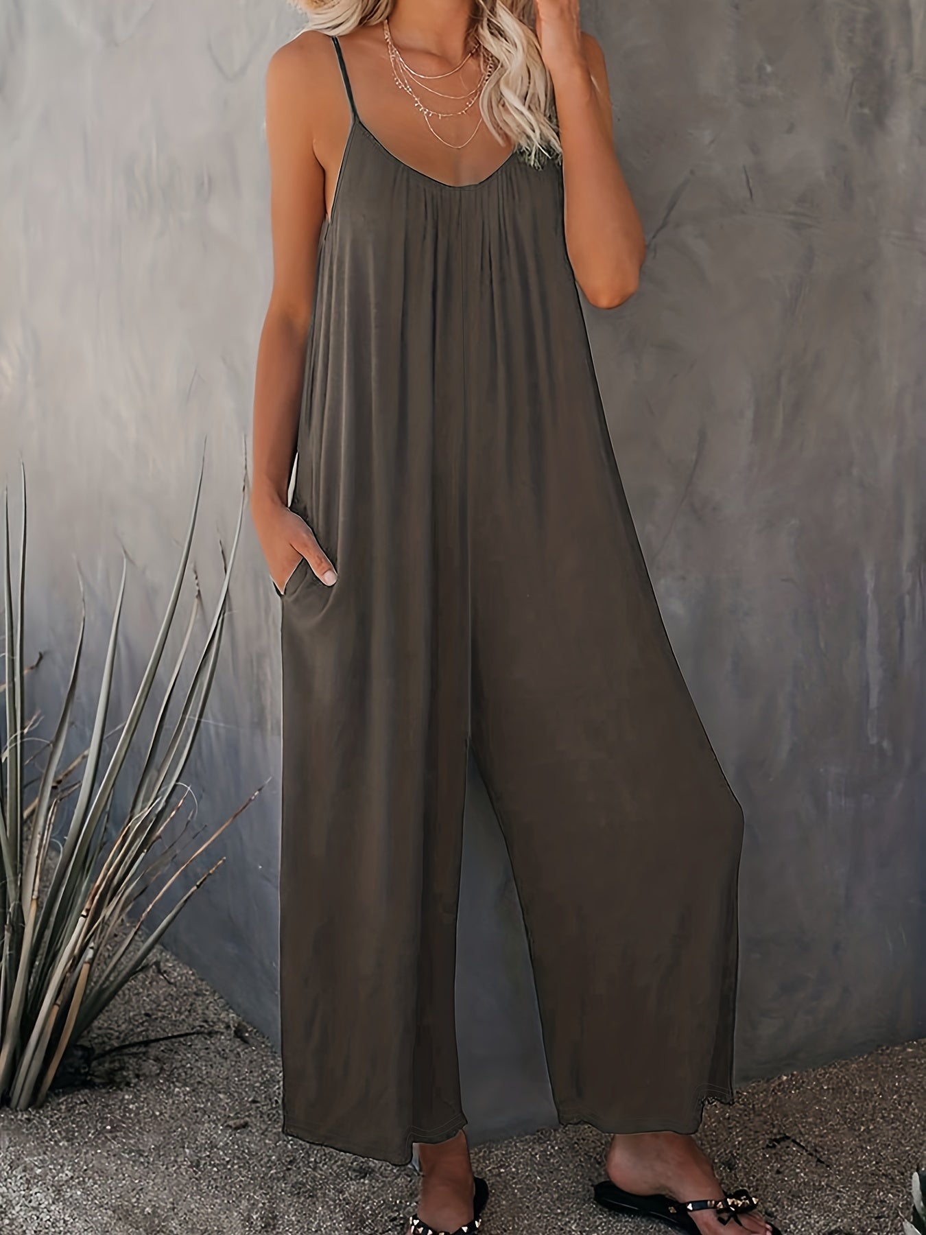 Women'S Light Blue Sleeveless Jumpsuit with Pockets - Casual Polyester Knit Fabric, V-Neck, Summer 2023, Beach Coverup, Beach Coverup Jumpsuit | Casual Style Jumpsuit | Knit Construction