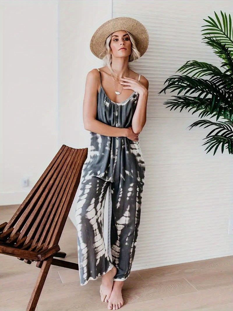 Women's Casual Tie-Dye Cami Jumpsuit - Sexy Wide Leg, Sleeveless, Vibrant Orange and Brown Print, Perfect for Spring/Summer/Fall