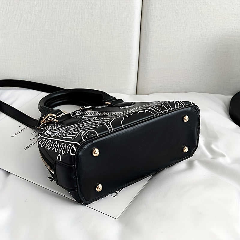 Versatile Dome Shoulder Bag, Portable Double Handle Stylish Handbag, Zipper Faux Leather Trendy Crossbody Bag