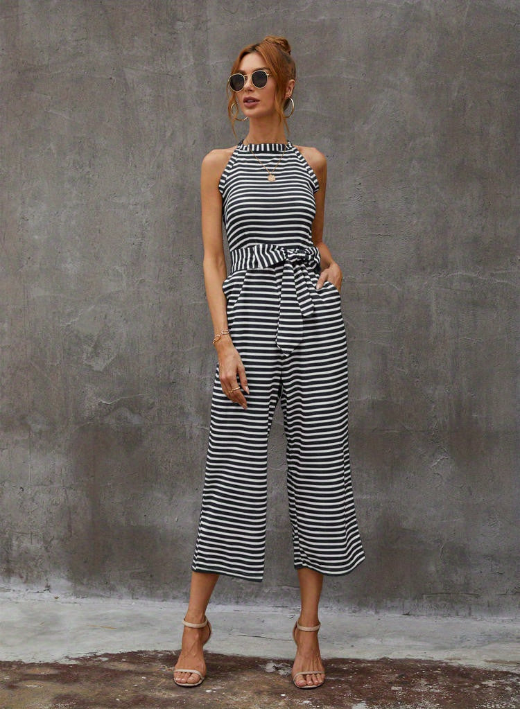 Elegant Striped Midi Jumpsuit with Tie Belt | Sleeveless Wide-Leg Design for Summer Chic | Durable & Easy-Care Knit
