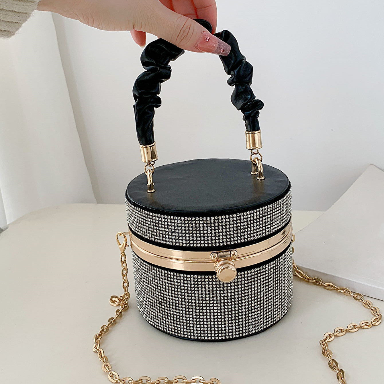 Mini Allover Rhinestone Handbag, Ruched Detail Evening Bucket Bag, Stylish Chain Shoulder Purse For Party Inch - Rhinestone & Chain Detail - Perfect for Evening Events & Parties - Ideal Gift for Women -  For Car