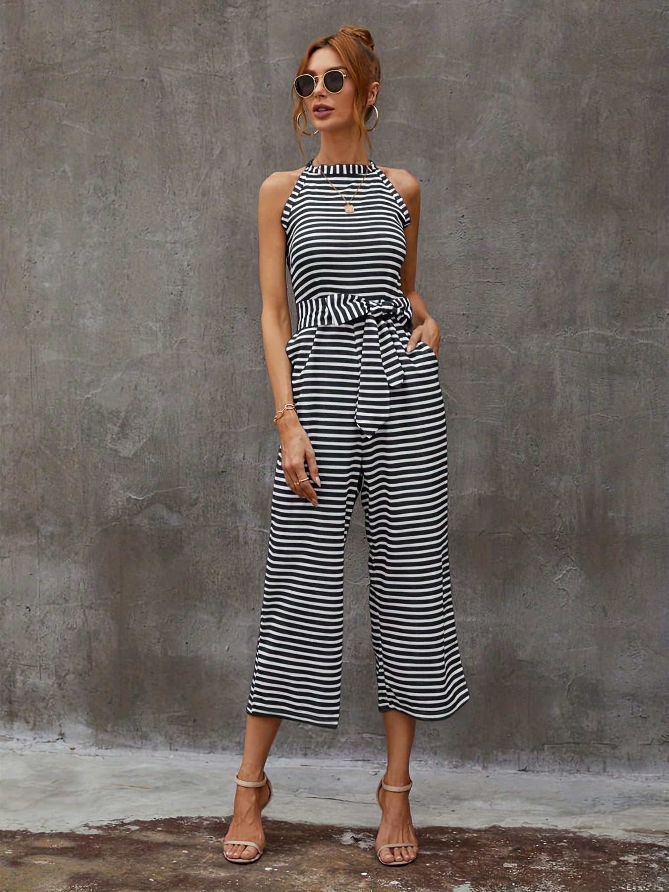 Elegant Striped Midi Jumpsuit with Tie Belt | Sleeveless Wide-Leg Design for Summer Chic | Durable & Easy-Care Knit