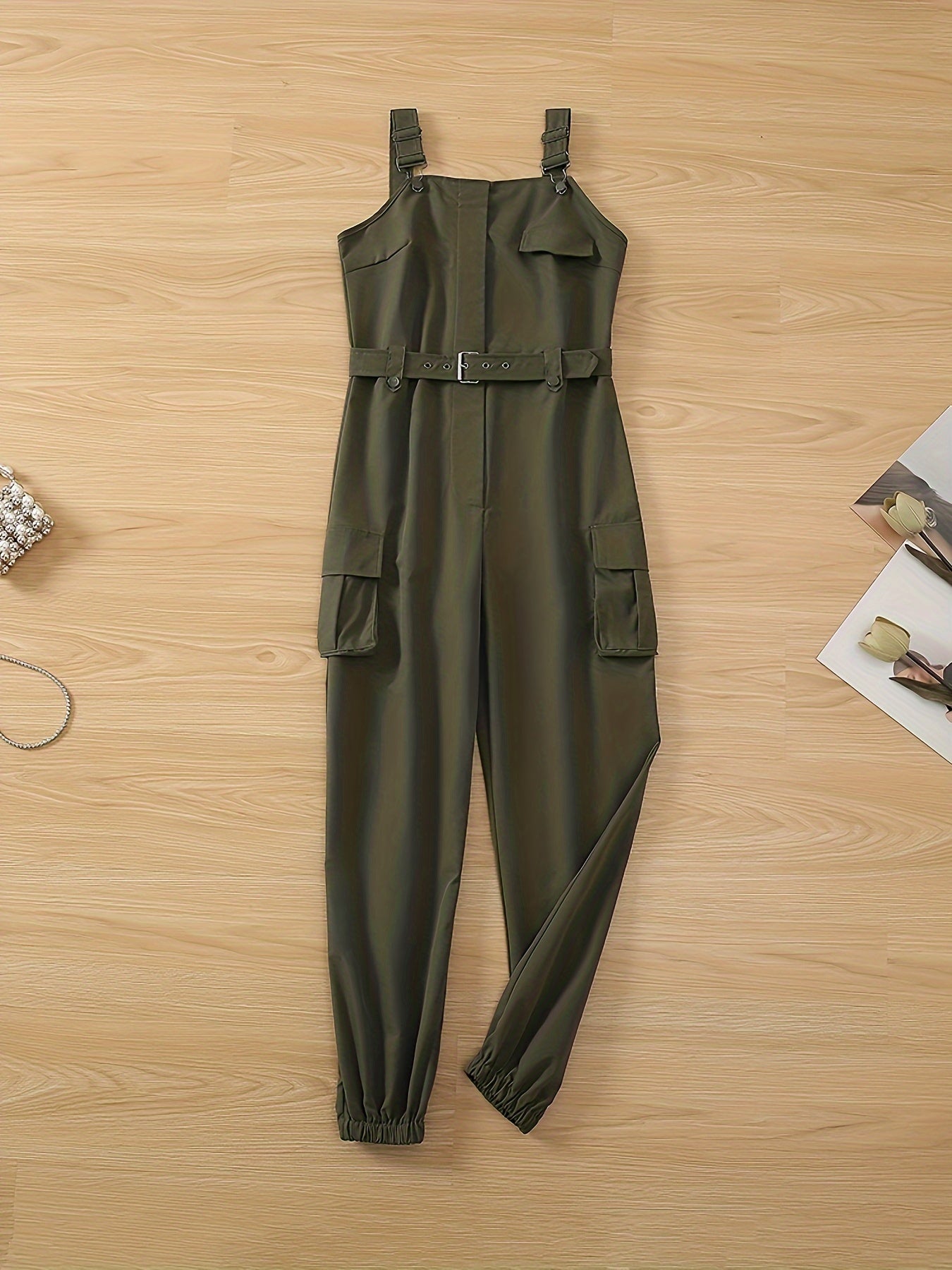Flap Pockets Belted Overall Jumpsuit, Casual Overall Jumpsuit For Spring & Summer, Women's Clothing