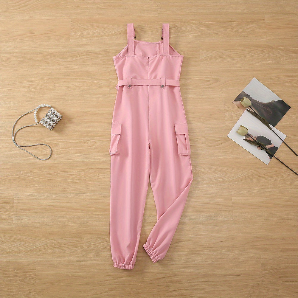Flap Pockets Belted Overall Jumpsuit, Casual Overall Jumpsuit For Spring & Summer, Women's Clothing
