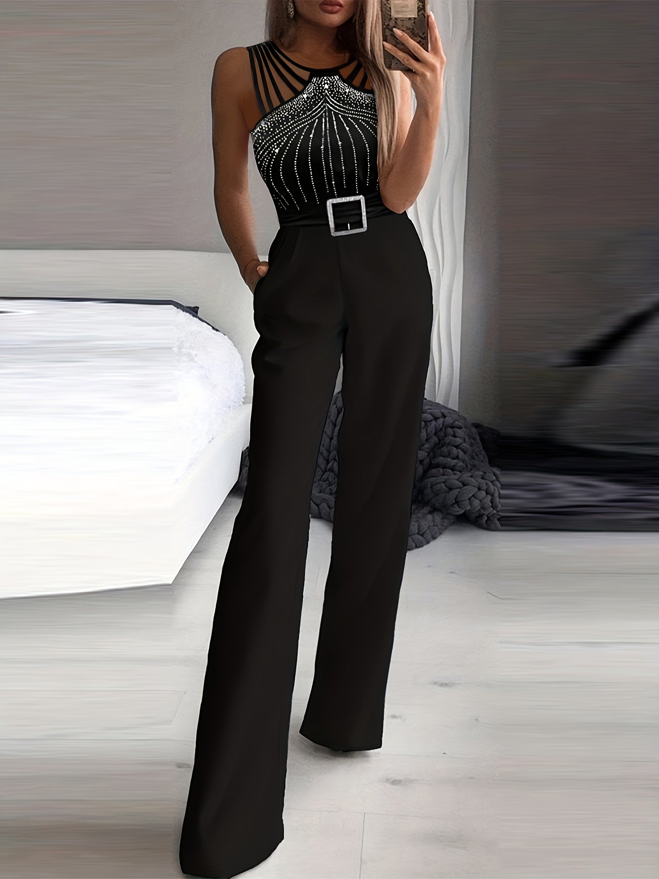 Rhinestone Embellished Wide Leg Jumpsuit - Sleeveless, Halter Neck, Slim Waist, Cut Out, Micro Elasticity, Polyester Fabric - Hand Wash, Summer Casual Wear for Women