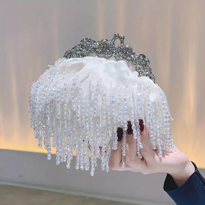 Beaded Crystal Evening Bag For Women, Tassel Decor Kiss Lock Clutch Purse, Elegant Satin Handbags For Wedding Prom Party