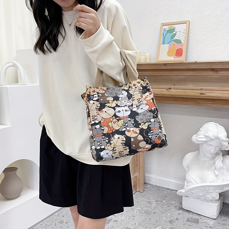 Cartoon Canvas Handbags with Cat Print for Work & School