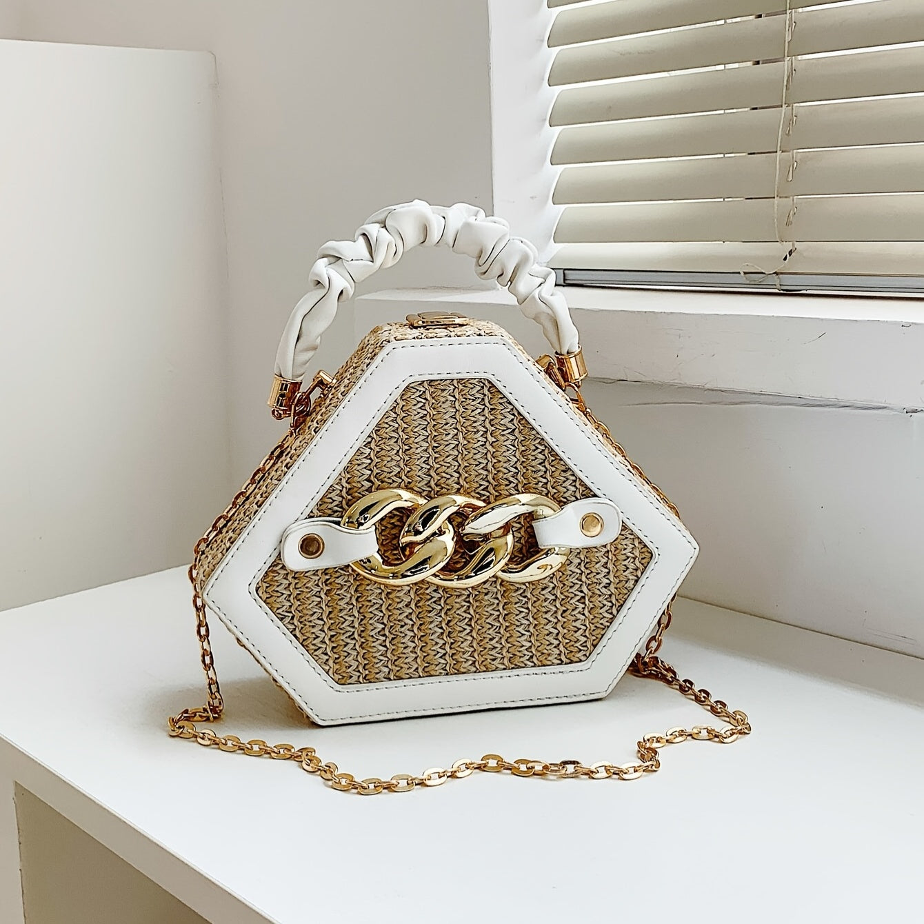 Trendy Chain Handbag, Fashion Top Handle Straw Box Bag, Women's Vacation Style Purse
