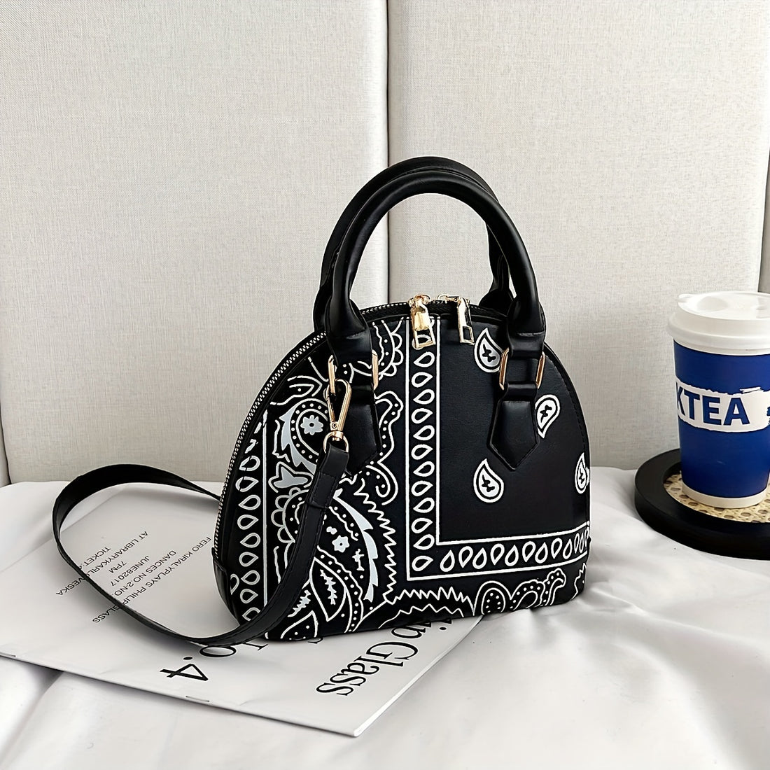 Versatile Dome Shoulder Bag, Portable Double Handle Stylish Handbag, Zipper Faux Leather Trendy Crossbody Bag
