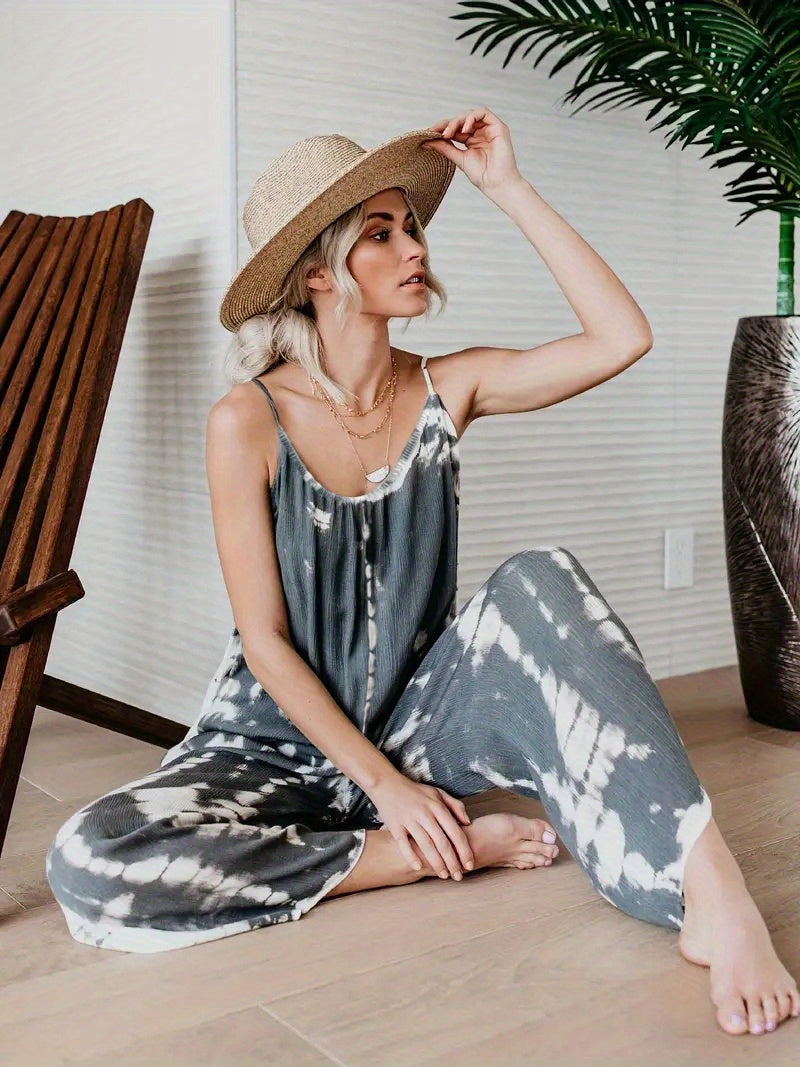Women's Casual Tie-Dye Cami Jumpsuit - Sexy Wide Leg, Sleeveless, Vibrant Orange and Brown Print, Perfect for Spring/Summer/Fall