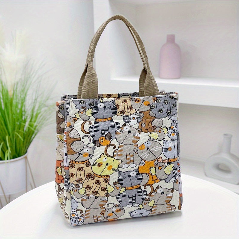 Cartoon Canvas Handbags with Cat Print for Work & School