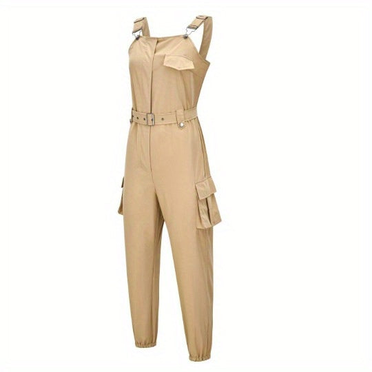 Flap Pockets Belted Overall Jumpsuit, Casual Overall Jumpsuit For Spring & Summer, Women's Clothing