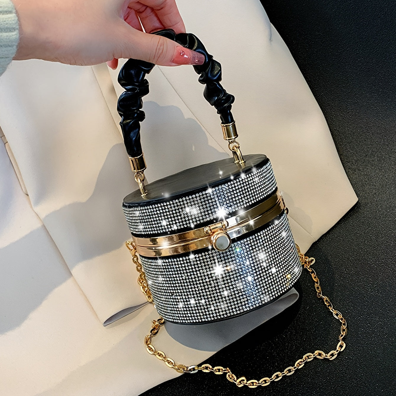 Mini Allover Rhinestone Handbag, Ruched Detail Evening Bucket Bag, Stylish Chain Shoulder Purse For Party Inch - Rhinestone & Chain Detail - Perfect for Evening Events & Parties - Ideal Gift for Women -  For Car