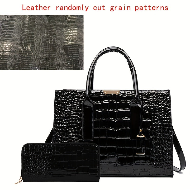 Crocodile Embossed Handbag - Women's Solid Color Shoulder Bag