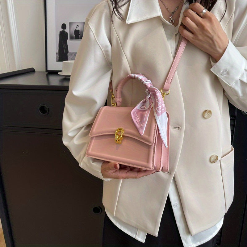 Handbag, Trendy Scarf Decor Crossbody Bag, Women's Small PU Leather Flap Purse