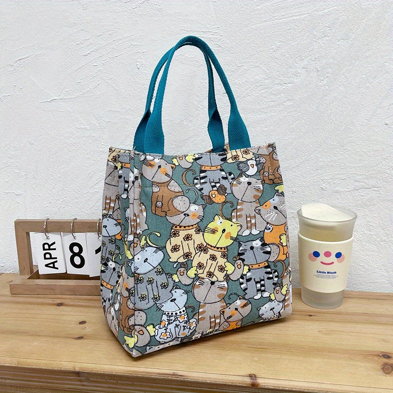 Cartoon Canvas Handbags with Cat Print for Work & School