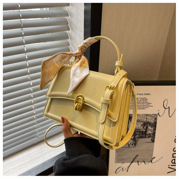 Handbag, Trendy Scarf Decor Crossbody Bag, Women's Small PU Leather Flap Purse