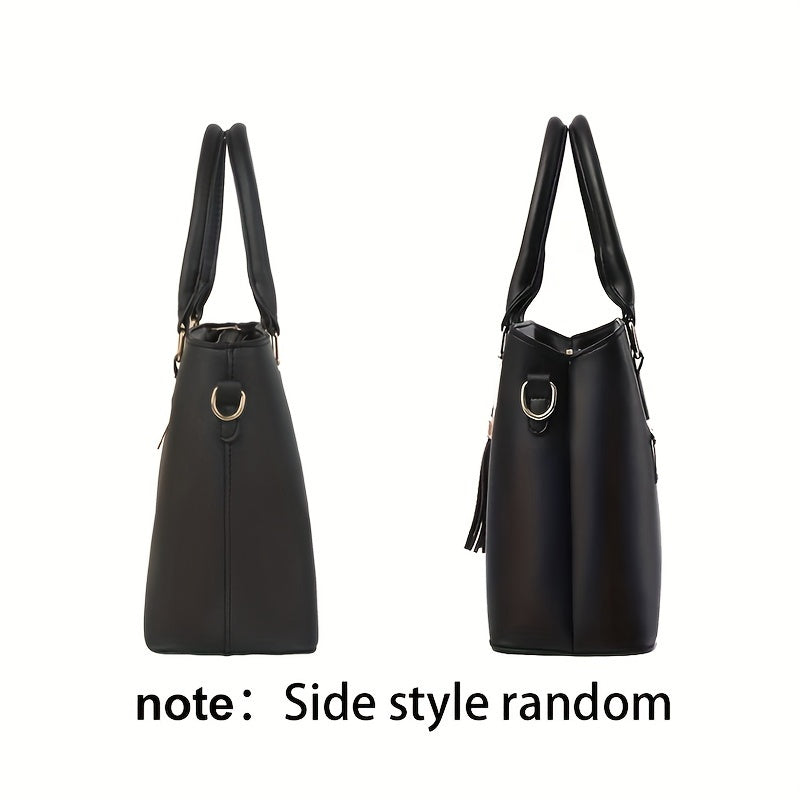 2pc Solid Color Trendy Shoulder Bag, Faux Leather Versatile Handle Handbagbag, Large Capacity Zipper Stylish Crossbody Bag