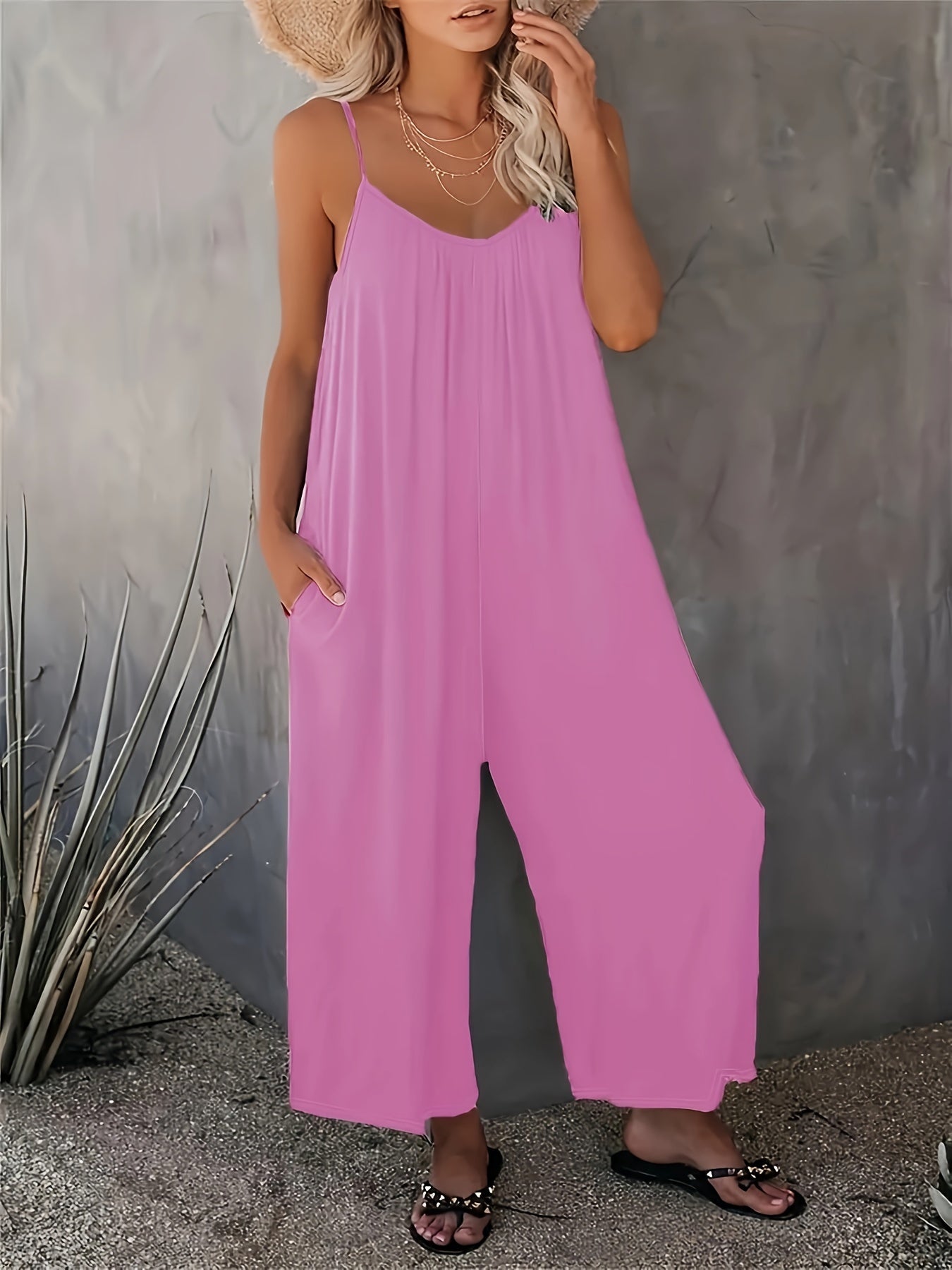 Women'S Light Blue Sleeveless Jumpsuit with Pockets - Casual Polyester Knit Fabric, V-Neck, Summer 2023, Beach Coverup, Beach Coverup Jumpsuit | Casual Style Jumpsuit | Knit Construction