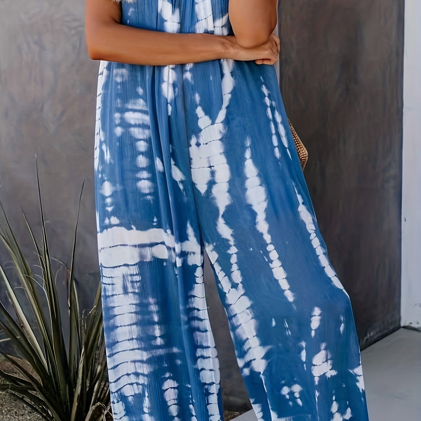 Women's Casual Tie-Dye Cami Jumpsuit - Sexy Wide Leg, Sleeveless, Vibrant Orange and Brown Print, Perfect for Spring/Summer/Fall