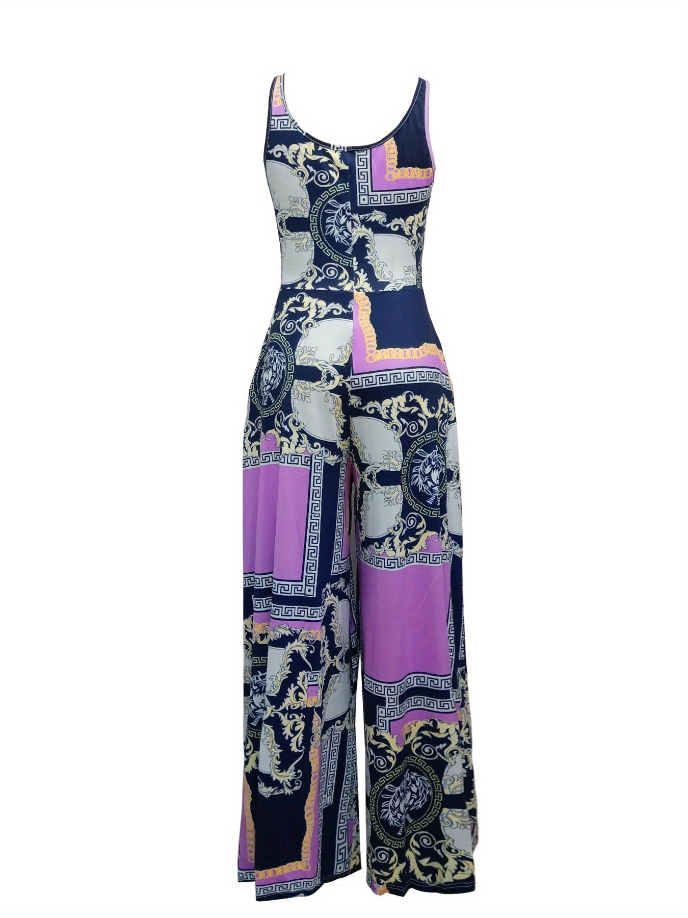 Romantic Baroque Floral Jumpsuit - Bohemian Chic Crew Neck Sleeveless - Wide Leg Womens Fashion Must-Have