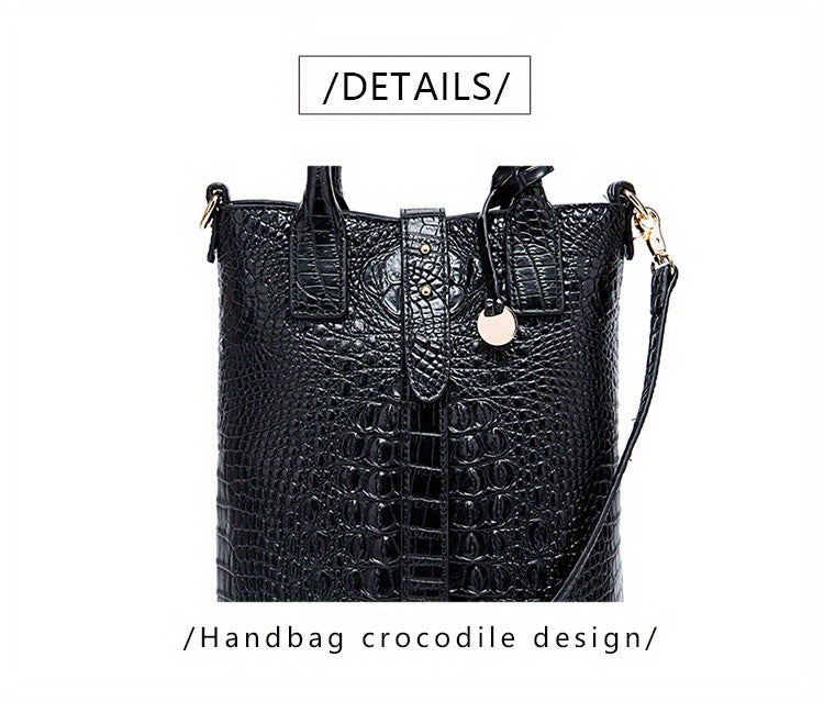Luxurious Crocodile Embossed PU Tote Bag - Removable Strap, Buckle Closure, Edge Painted - Classic Womens Office and Work Purse for Trendy Ladies