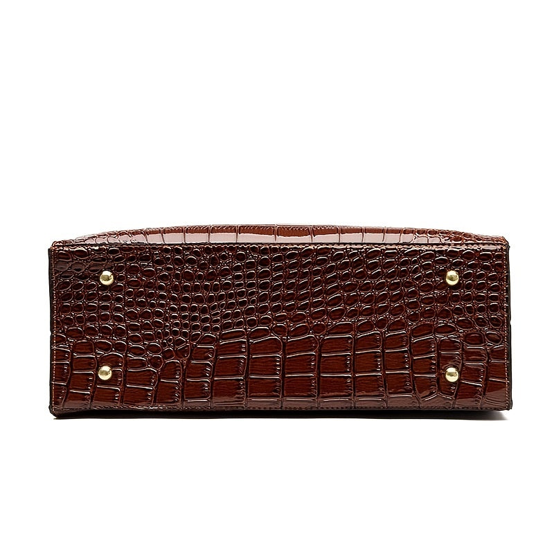 Crocodile Embossed Handbag - Women's Solid Color Shoulder Bag