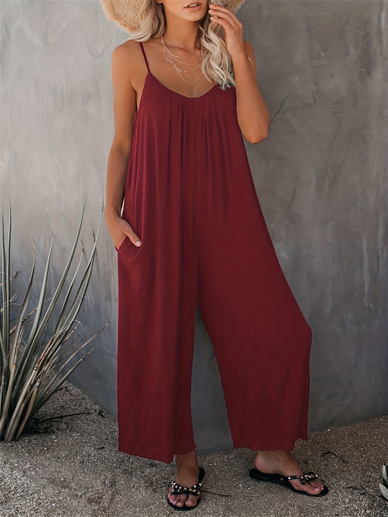 Women'S Light Blue Sleeveless Jumpsuit with Pockets - Casual Polyester Knit Fabric, V-Neck, Summer 2023, Beach Coverup, Beach Coverup Jumpsuit | Casual Style Jumpsuit | Knit Construction
