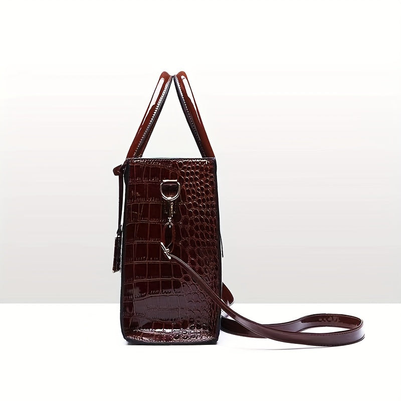 Crocodile Embossed Handbag - Women's Solid Color Shoulder Bag