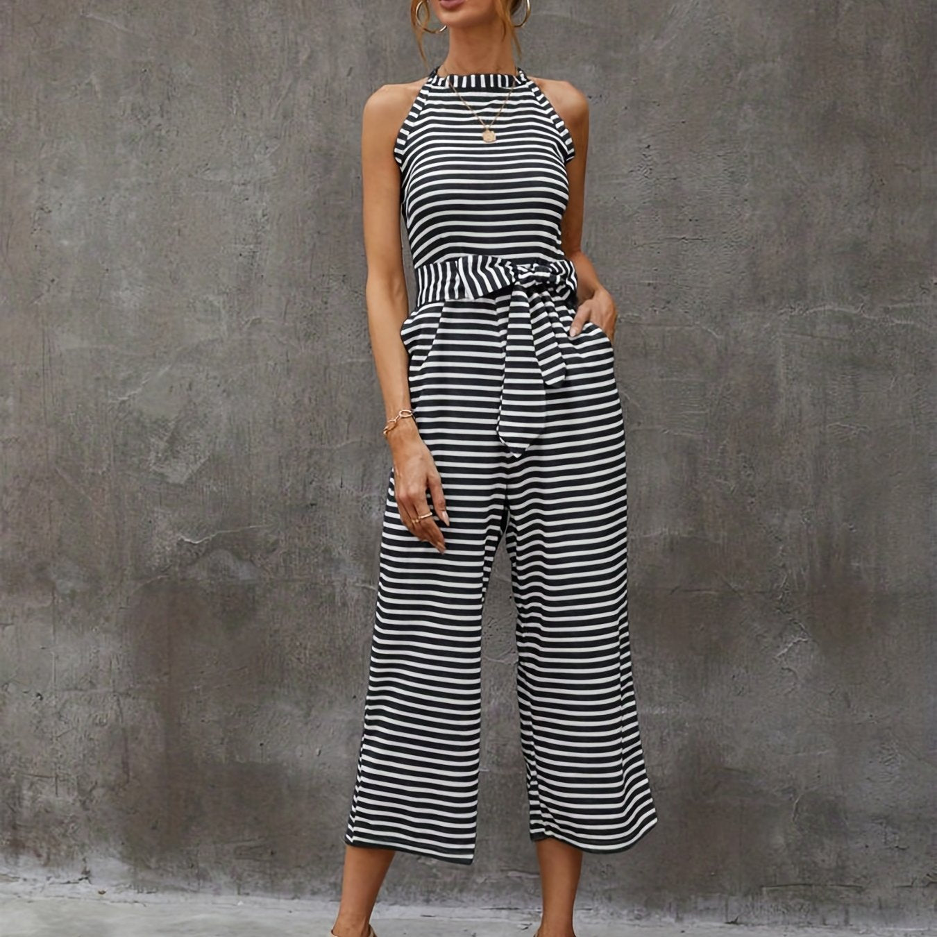 Elegant Striped Midi Jumpsuit with Tie Belt | Sleeveless Wide-Leg Design for Summer Chic | Durable & Easy-Care Knit