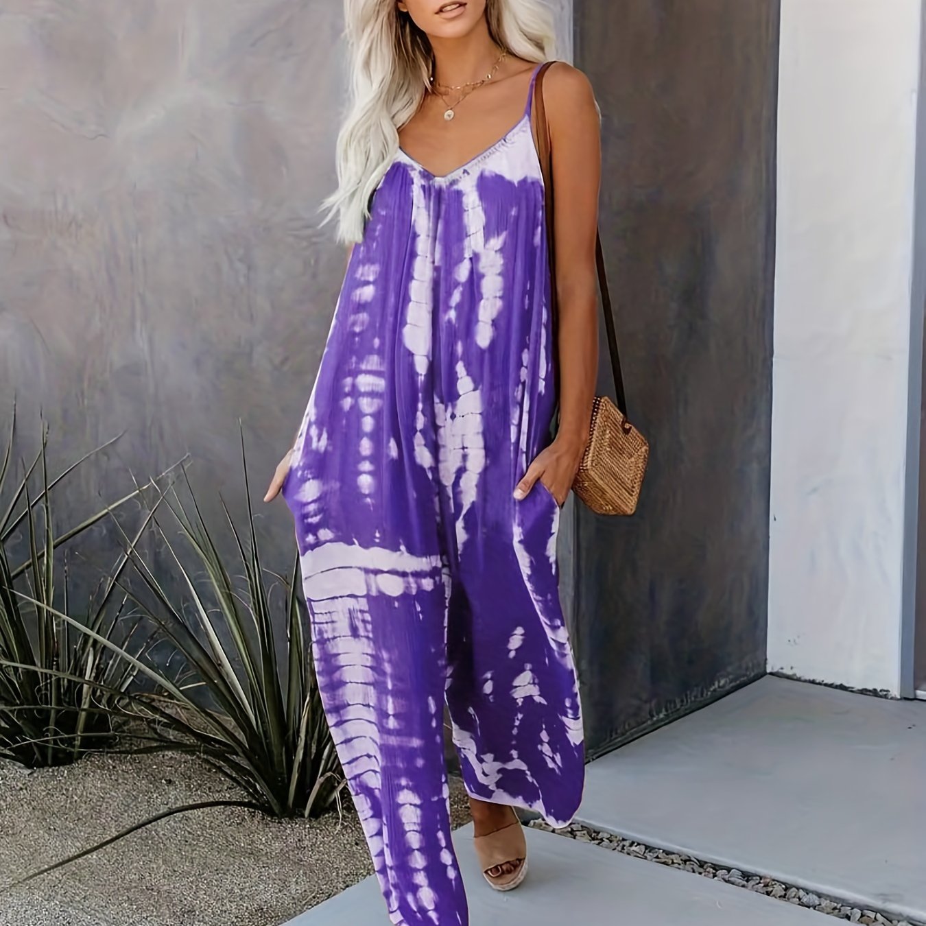 Women's Casual Tie-Dye Cami Jumpsuit - Sexy Wide Leg, Sleeveless, Vibrant Orange and Brown Print, Perfect for Spring/Summer/Fall
