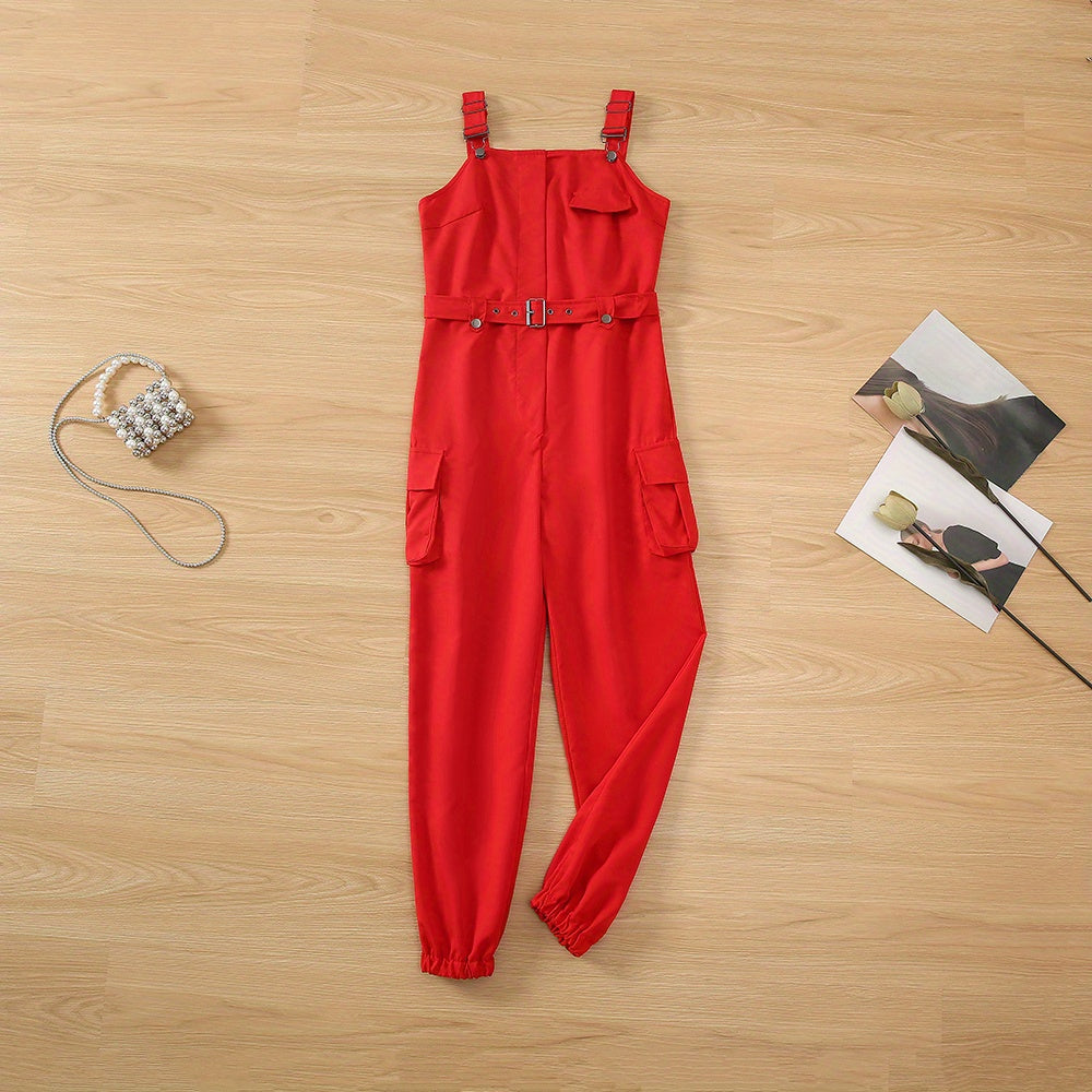 Flap Pockets Belted Overall Jumpsuit, Casual Overall Jumpsuit For Spring & Summer, Women's Clothing