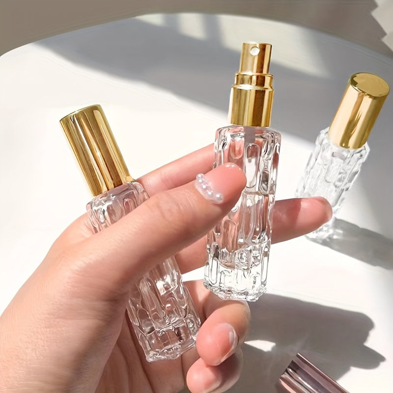 4pcs 0.34oz Clear Empty Refill Perfume Spray Bottle Jars With Cap Art Design Cosmetic Perfume Makeup Water Storage Holder Container DIY Beauty Tool, Easy To Carry, Suitable For Traveling And Traveling, Travel Accessories