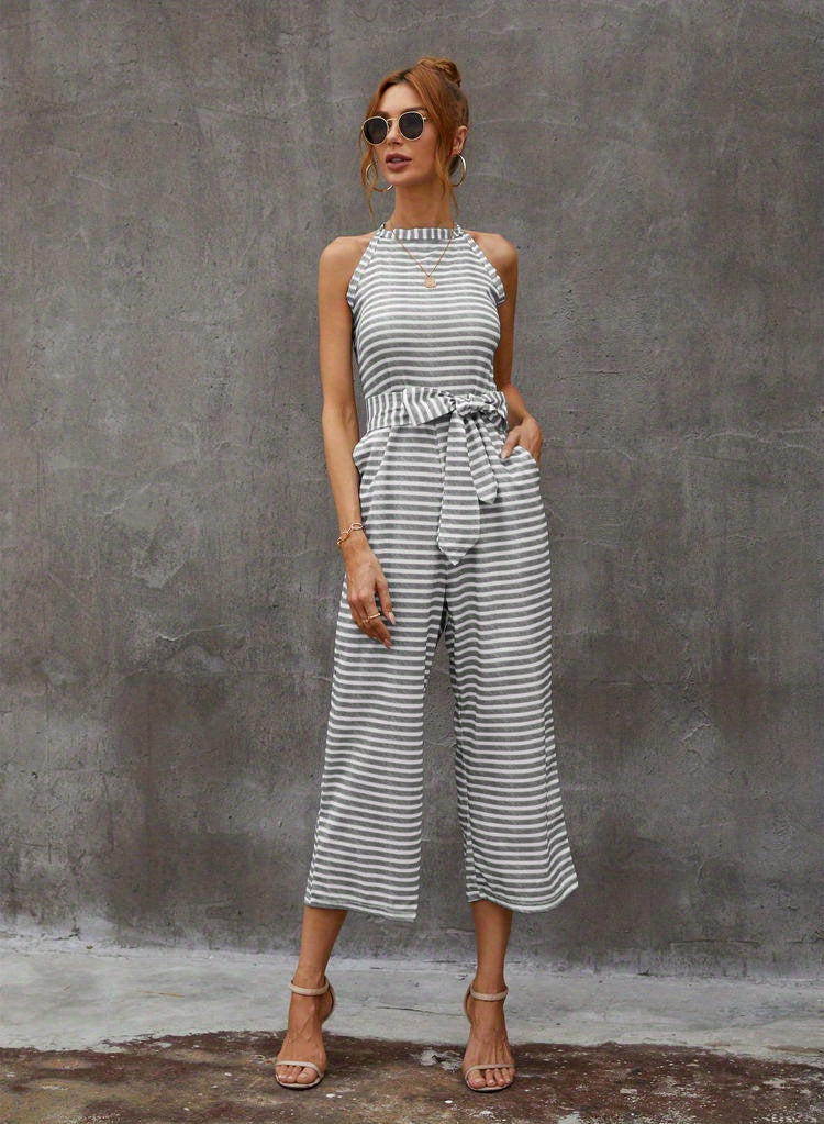 Elegant Striped Midi Jumpsuit with Tie Belt | Sleeveless Wide-Leg Design for Summer Chic | Durable & Easy-Care Knit