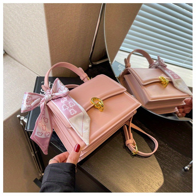 Handbag, Trendy Scarf Decor Crossbody Bag, Women's Small PU Leather Flap Purse