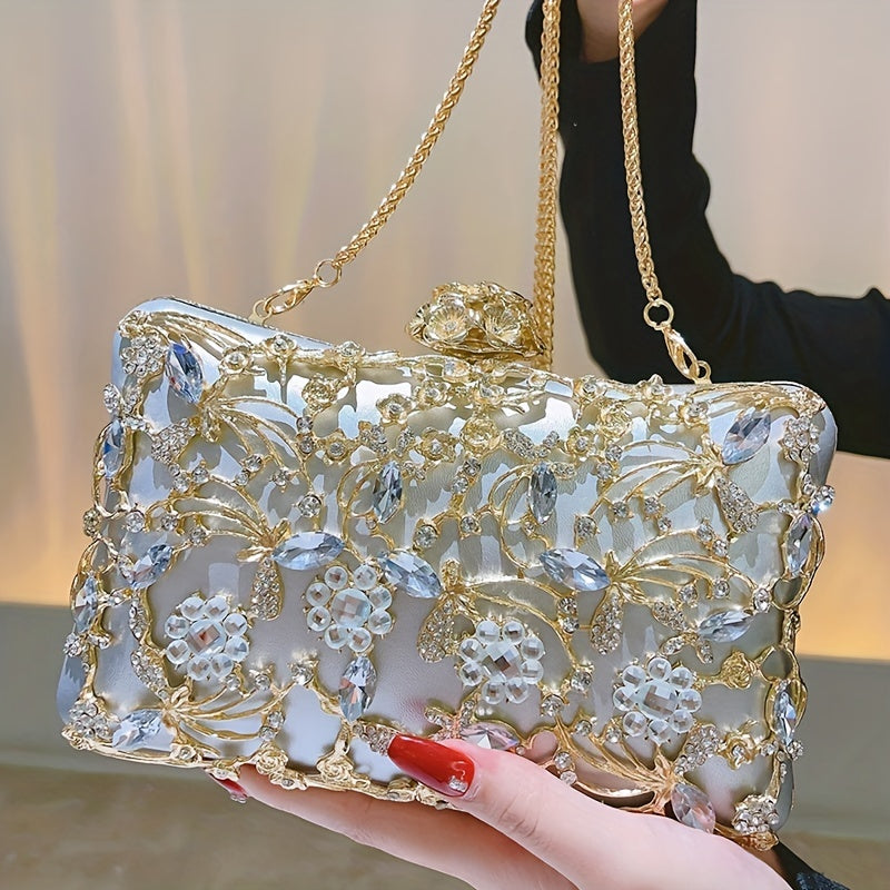 Elegant Hollow Rhinestone Women's Evening Bag, Box Clutch Purse for Party Prom Wedding