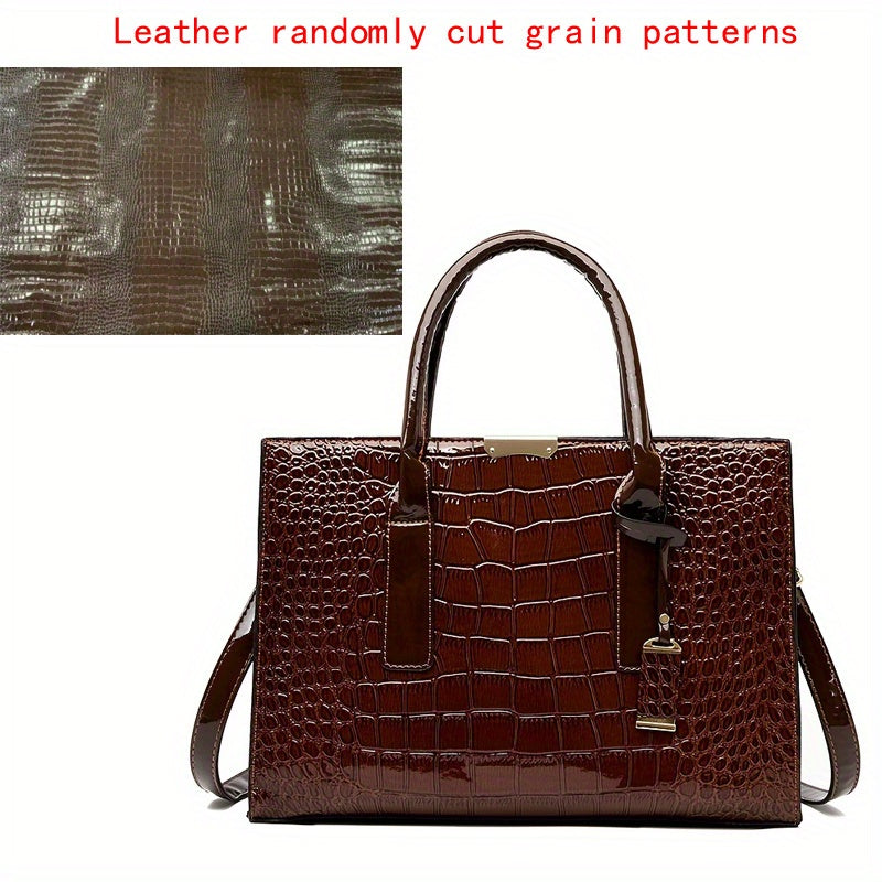 Crocodile Embossed Handbag - Women's Solid Color Shoulder Bag