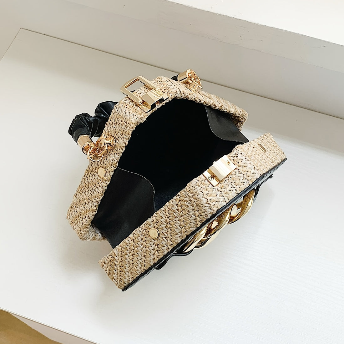 Trendy Chain Handbag, Fashion Top Handle Straw Box Bag, Women's Vacation Style Purse