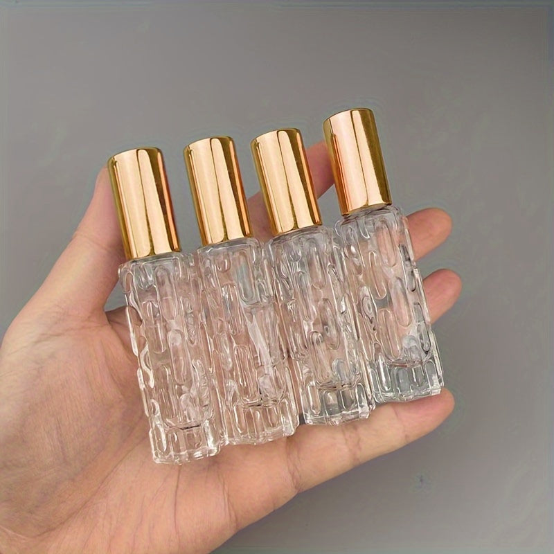 4pcs 0.34oz Clear Empty Refill Perfume Spray Bottle Jars With Cap Art Design Cosmetic Perfume Makeup Water Storage Holder Container DIY Beauty Tool, Easy To Carry, Suitable For Traveling And Traveling, Travel Accessories
